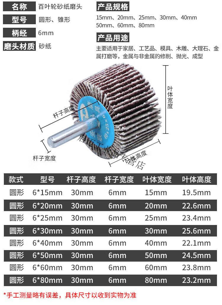 8，百葉輪紗佈打磨頭帶柄葉輪磨頭除鏽砂紙圈砂輪百葉片砂紙頁輪拋光 帶柄葉輪15*25*6 80目