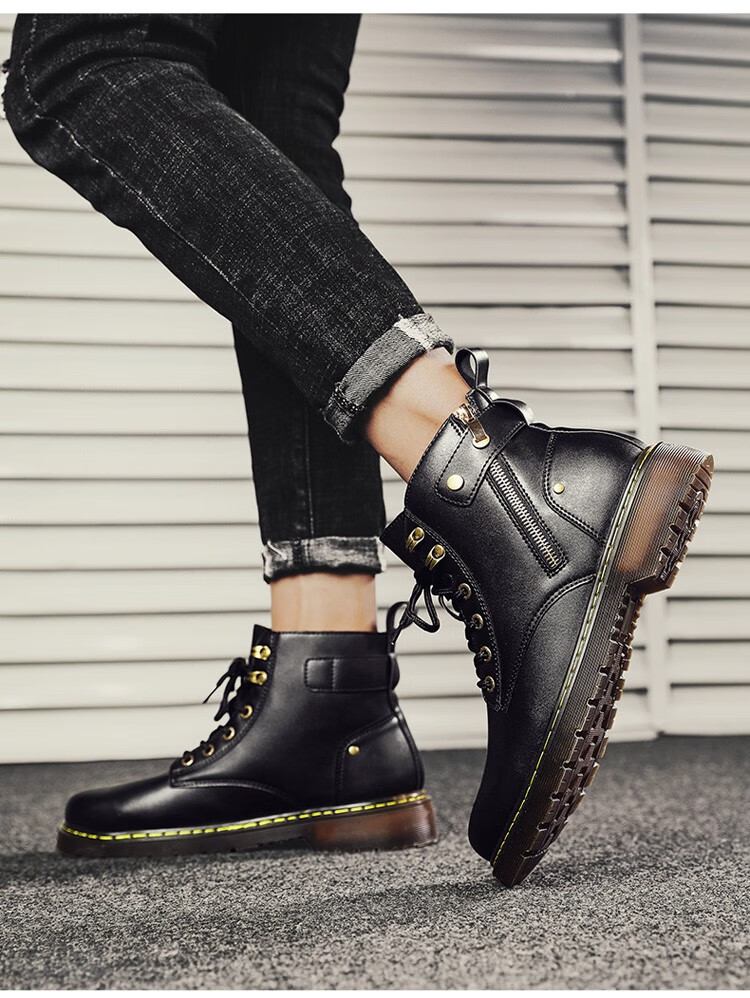 长筒靴男冬靴男款马靴长靴男高帮马丁靴男秋季英伦皮靴内增高中帮侧