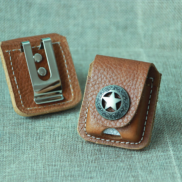 美国之宝zip·po打火机皮套钢夹款 头层牛皮油机火机套财布扣真皮套