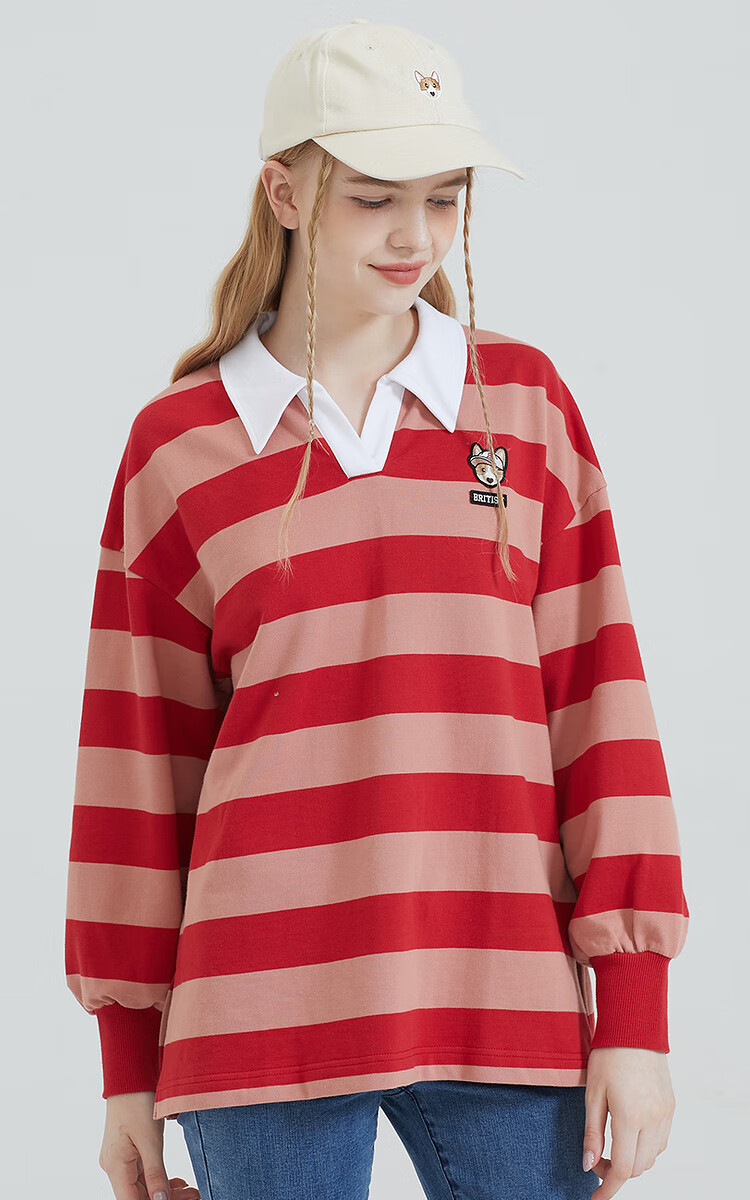 eland衣恋春季简约风格条纹柯基印花长袖t恤上衣女依恋猎人绿62hunter