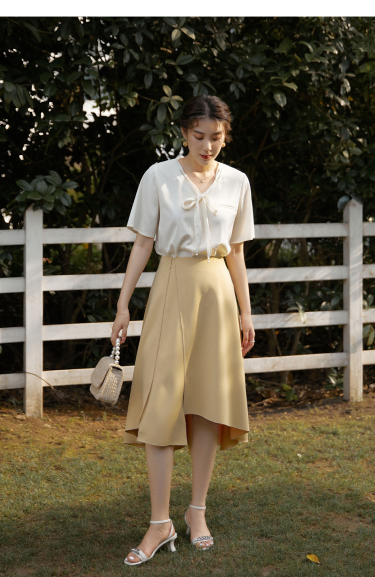 独束大码女装优雅复古短衫女夏季新品胖mm可拆卸式小飘带显瘦上衣米