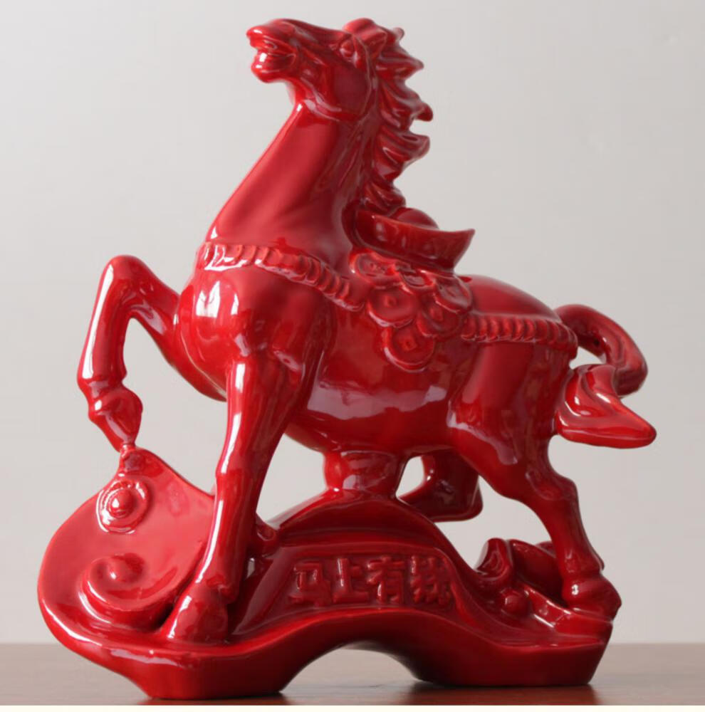 纤雅洁陶瓷红马摆件家居客厅办公室工艺品摆设风水大红色唐三彩马鸿运