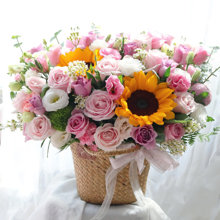 鲜花 同城配送红玫瑰康乃馨手提花篮生日礼物送长辈领导探望病人济南