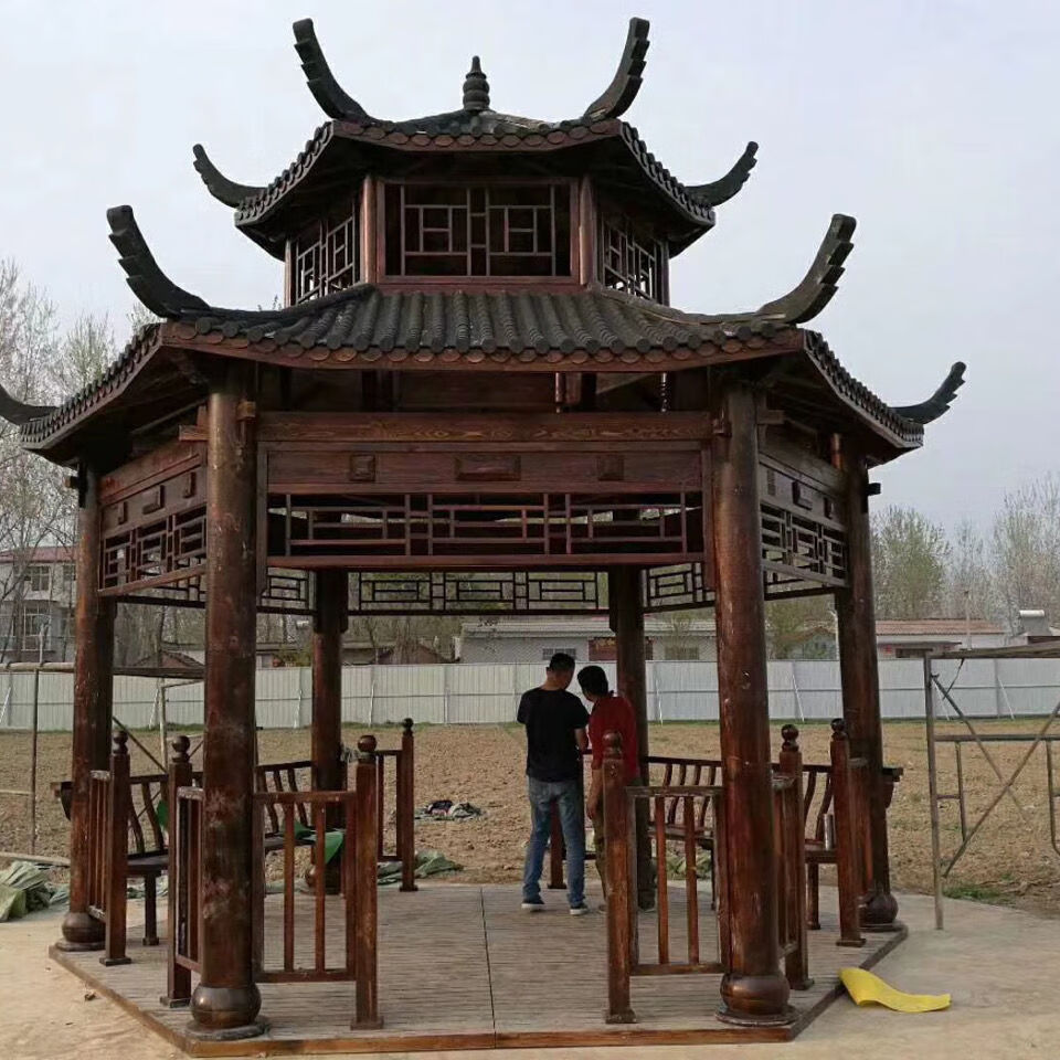 新款户外庭院防腐木凉亭木屋实木八角青瓦古建仿古长廊亭子卡汐沐红