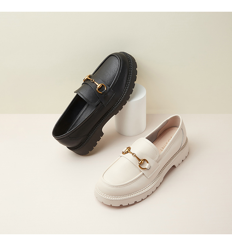 卓诗尼乐福鞋女新款复古马衔扣单鞋时尚英伦风小皮鞋黑色35