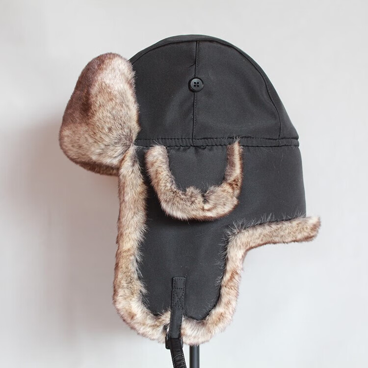狗皮帽子kamosa东北棉帽雷锋帽男女士帽子滑雪帽冬季骑车帽黑色纯色男