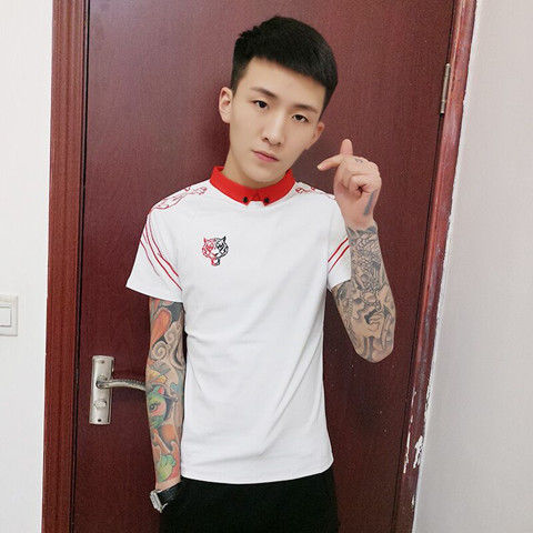 网红社会人有领短袖t恤男条纹精神小伙潮流学生紧身带领polo小衫二道