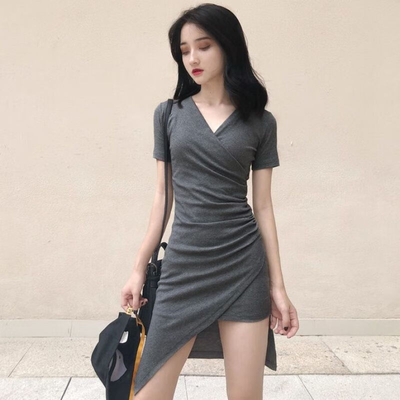 邦伊芙连衣裙女夏装新品裙子 夏季新款褶皱不规则v领显瘦气质连衣裙修