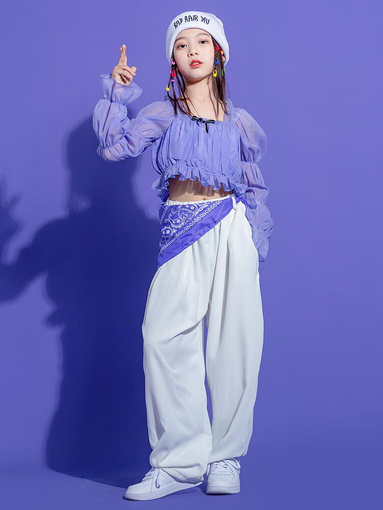 街舞儿童潮服女孩嘻哈套装紫色露脐女童爵士舞演出服炸街模特走秀紫色