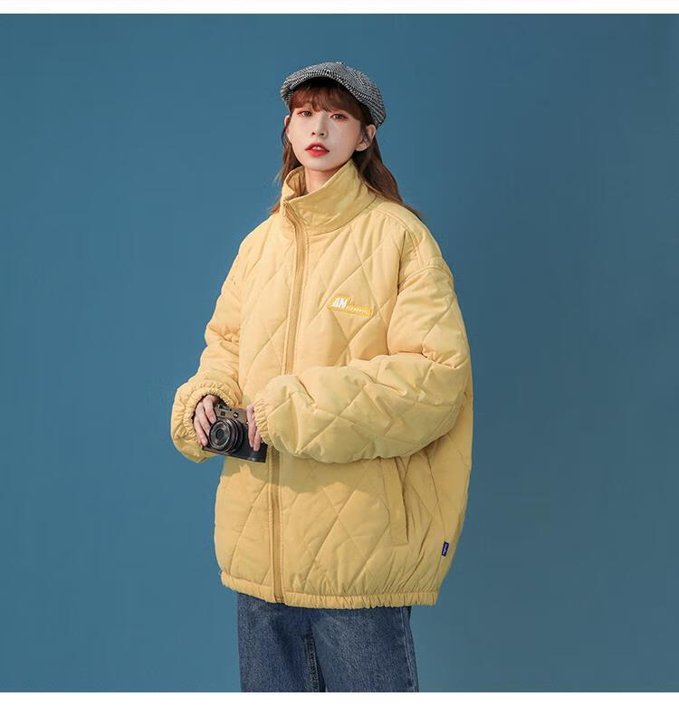 125954-奶黄色棉服女chic韩风冬季加厚菱格外套2021新款oversize立领棉衣 绿色 L-详情图