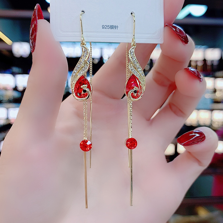 线防丢显脸瘦气质复古长款流苏耳环防过敏百搭耳饰金色红水晶凤凰耳环