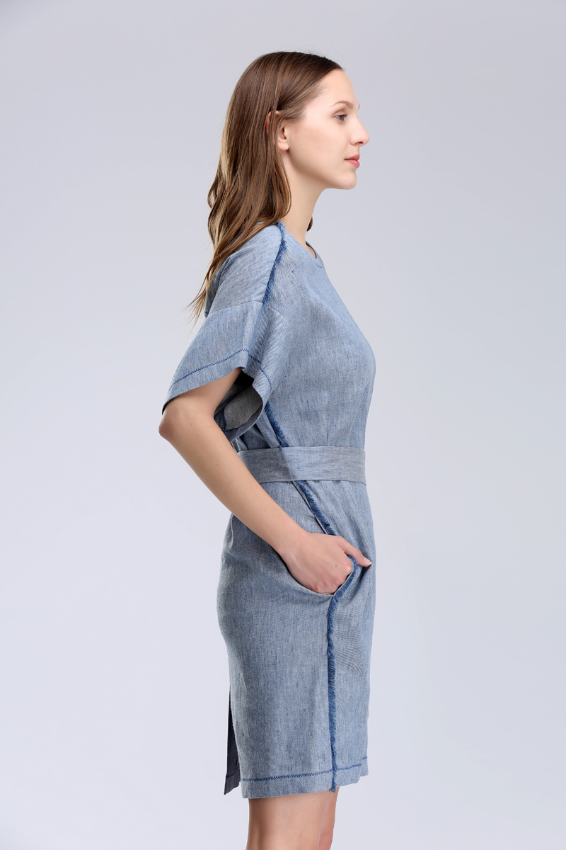 carablue专柜cara女装夏季新款亚麻简约连衣裙蓝色u1am