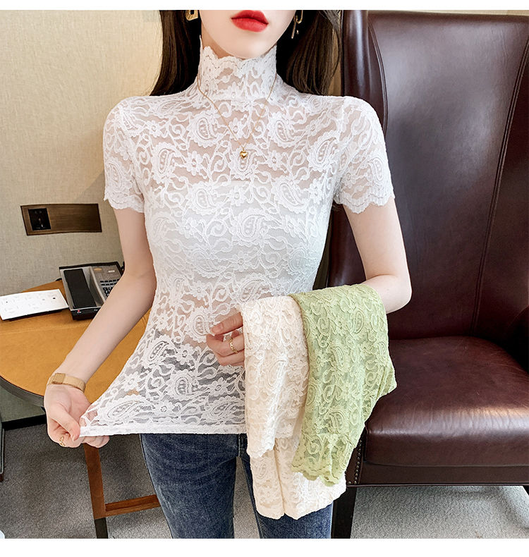性感镂空蕾丝衫女短袖夏装显瘦洋气上衣百搭半高领内搭蕾丝打底衫黑色