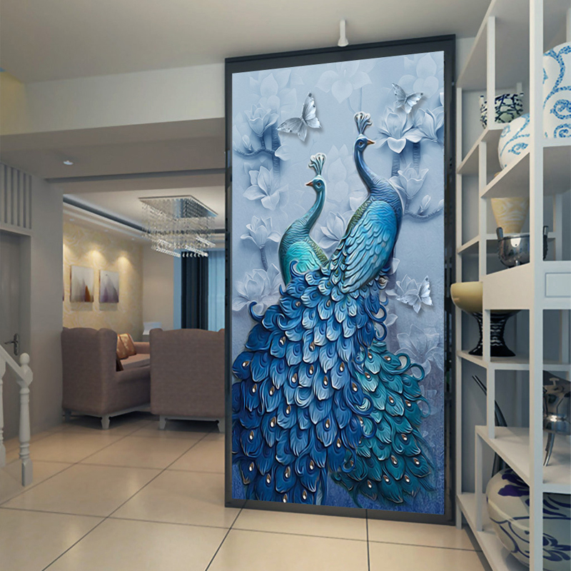 北欧玄关壁纸壁画现代简约背景墙纸孔雀无缝墙布壁布走廊过道竖版8d