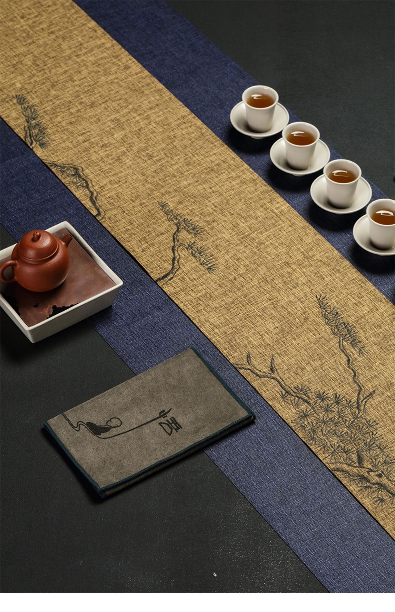 手绘日式茶桌旗防水茶席布棉麻布艺茶道麻布茶桌布垫空谷幽兰3米