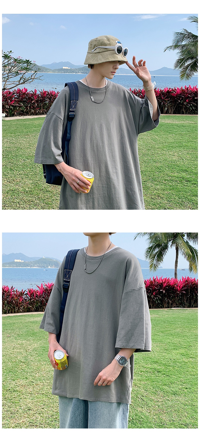 港风潮流纯色纯白t恤男百搭宽松叠穿小领口短袖t恤男情侣上衣白色l