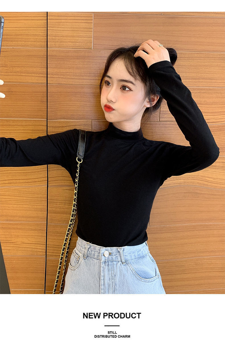 新品秋冬黑色长袖t恤女色紧身上衣修身棉内搭半高领打底衫潮半月如京