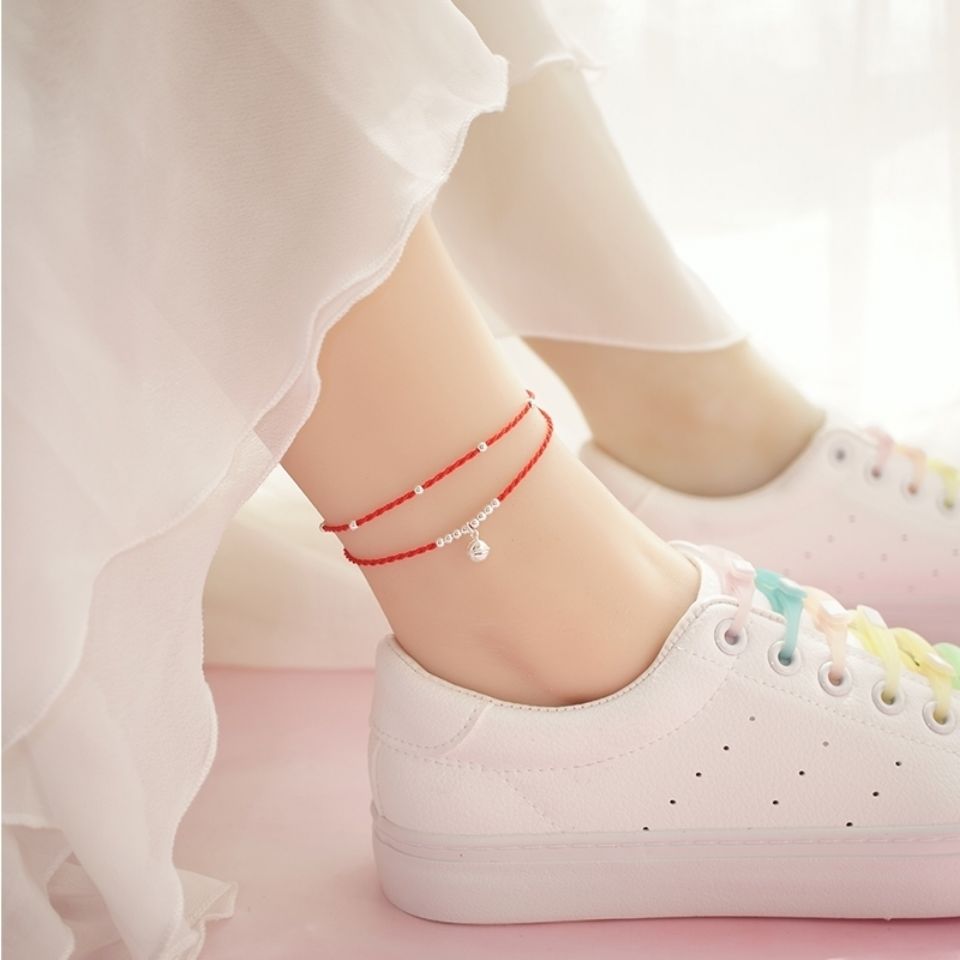 依莲妃 古风带铃铛脚链有声音简约银复古学生红绳社会韩版森系脚踝链