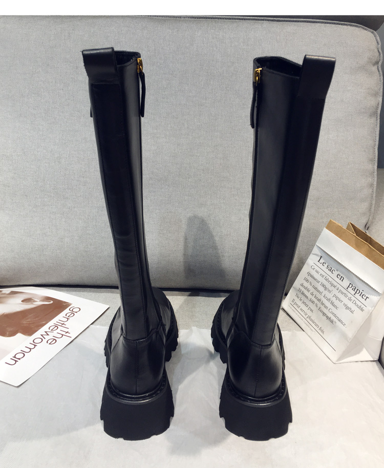 中跟女长靴皮复古秋冬新款高筒靴黑色百搭帅气骑士靴马丁靴黑色单里35