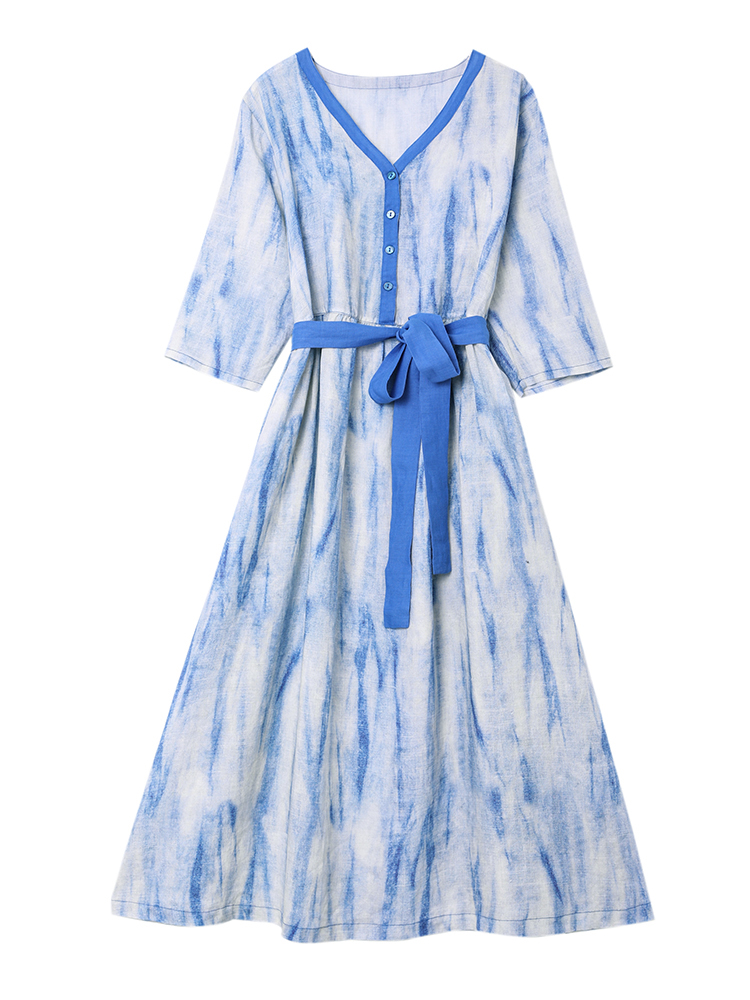 裳冉新款雾霾蓝连衣裙条纹修身闺蜜装到脚踝纤维苎麻长裙浅蓝色现货s