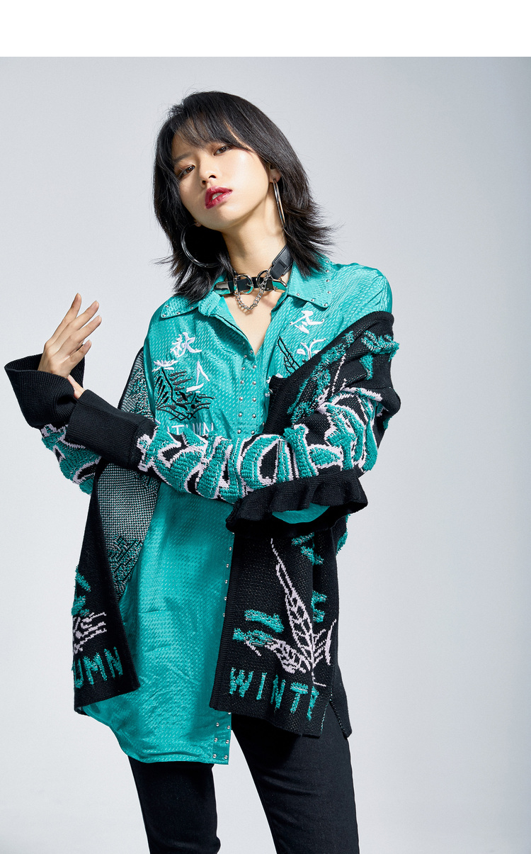 裂帛风liebofeng商场同2021春夏新时尚刺绣烫钉雪纺长袖衬衫绿色m