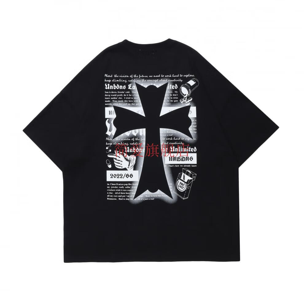 2022克罗心印花短袖t恤情侣夏季宽松复古做旧圆领十字架水洗t黑色m