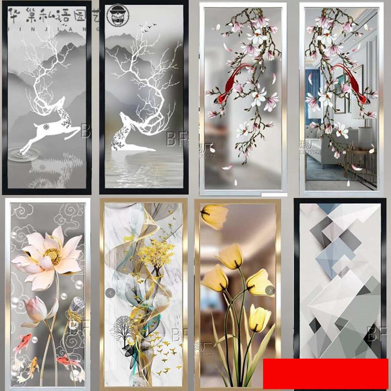 屏风隔断背景墙现代艺术玻璃装饰客厅玄关柜电视雕花磨砂透光