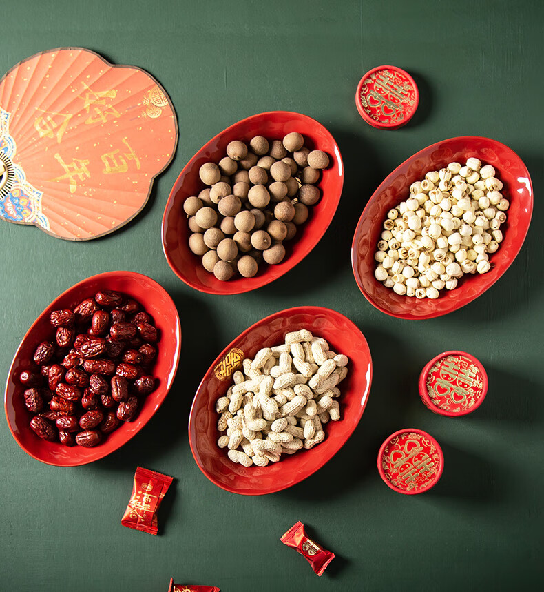 结婚果盘家用陶瓷双喜干果喜糖盘子喜庆婚礼瓜子水果盘婚宴红色aa