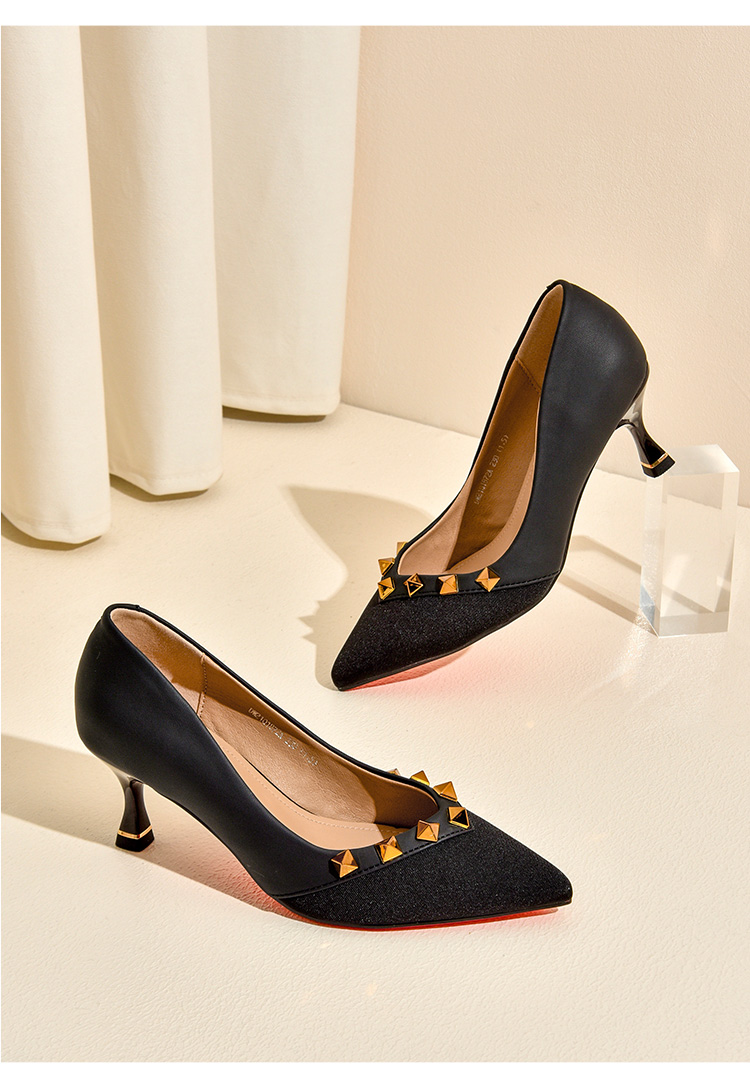 大东2021新款春秋优雅高跟鞋高跟细跟铆钉拼接高跟鞋女鞋米色36