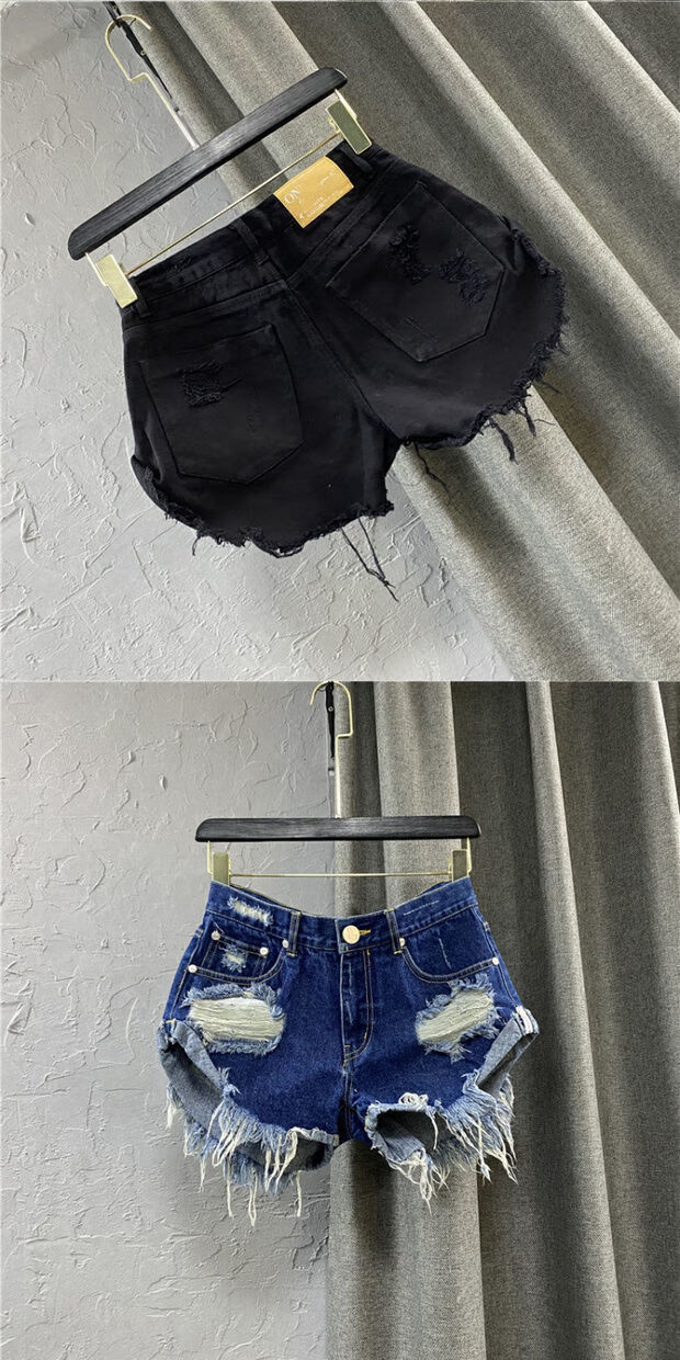 超低腰牛仔短裤毛边裤2021新款韩版宽松破洞字阔腿裤黑色商城版m