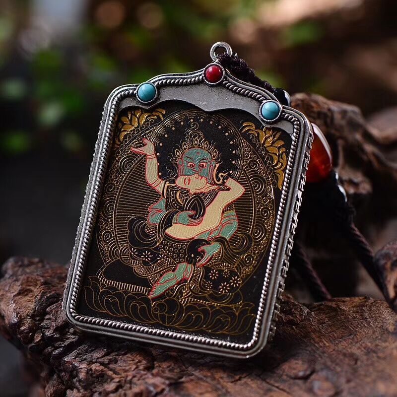 唐卡佛牌 藏传黑金吊坠藏银守护神鼠牛虎本命佛龙蛇普贤文殊菩萨定制