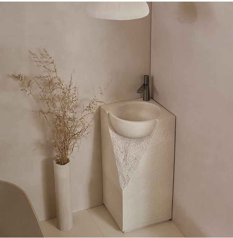 日系侘寂奶油风设计师立柱盆落地式一体艺术洗手池石头创意洗脸台 单