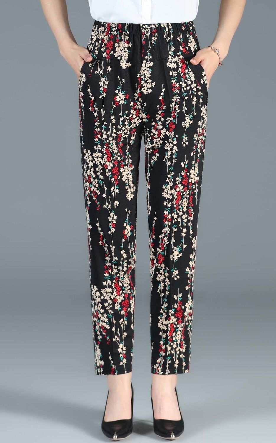 夏季妈妈花裤子宽松大码中老年女裤高腰弹力老年人裤子女中年女裤1号