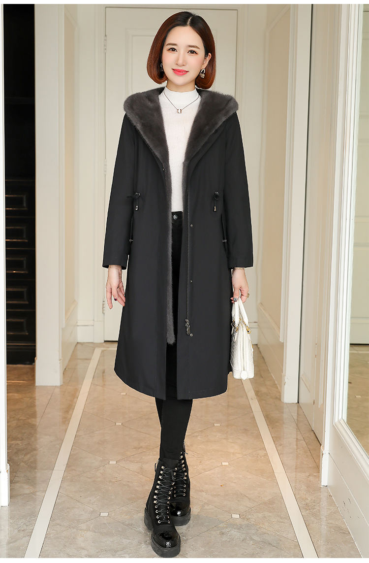 新款整貂皮大衣尼克服水貂内胆中长款派克服皮草外套派克服女 深蓝色