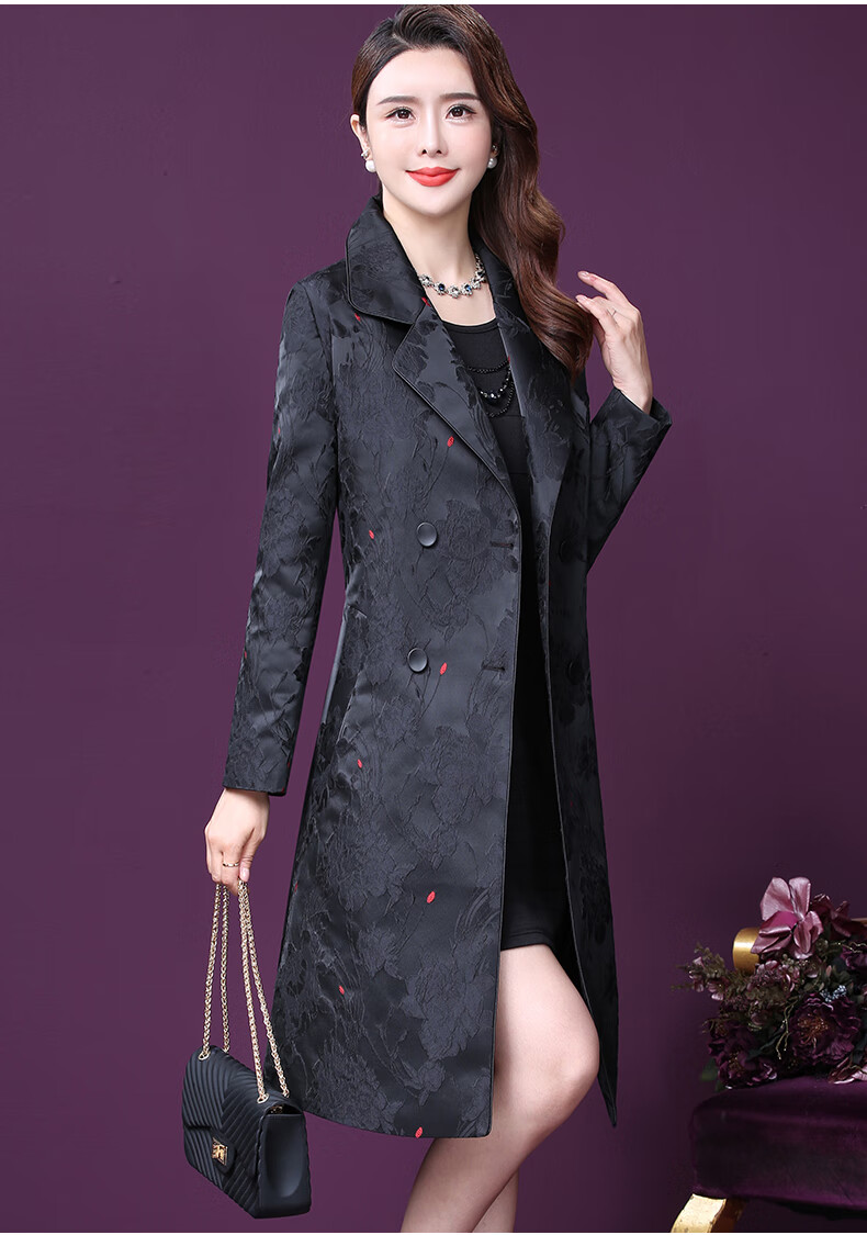 王小鸭黑色秋季品牌女装2021新款双排扣中年妈妈时尚风衣外套黑色l