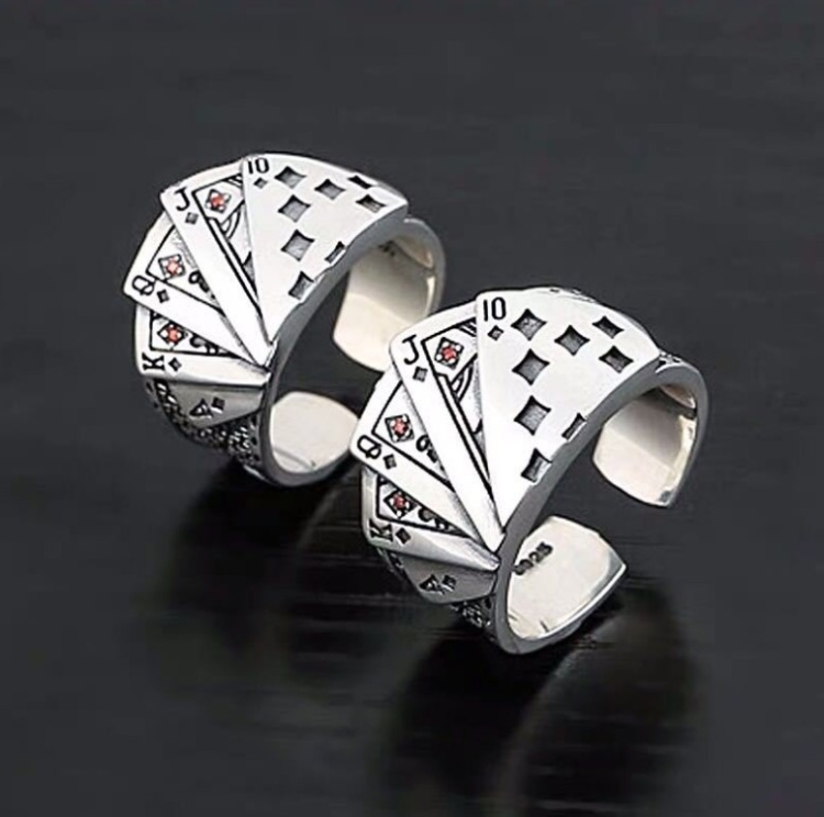 欧美戒指男霸气黑桃同花顺戒指单身男女个性扑克牌指环复古开运方块