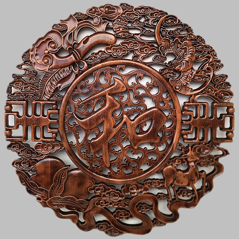 实木窗花格东阳木雕香樟木挂件玄光客厅背景实木家和福顺字仿古花窗