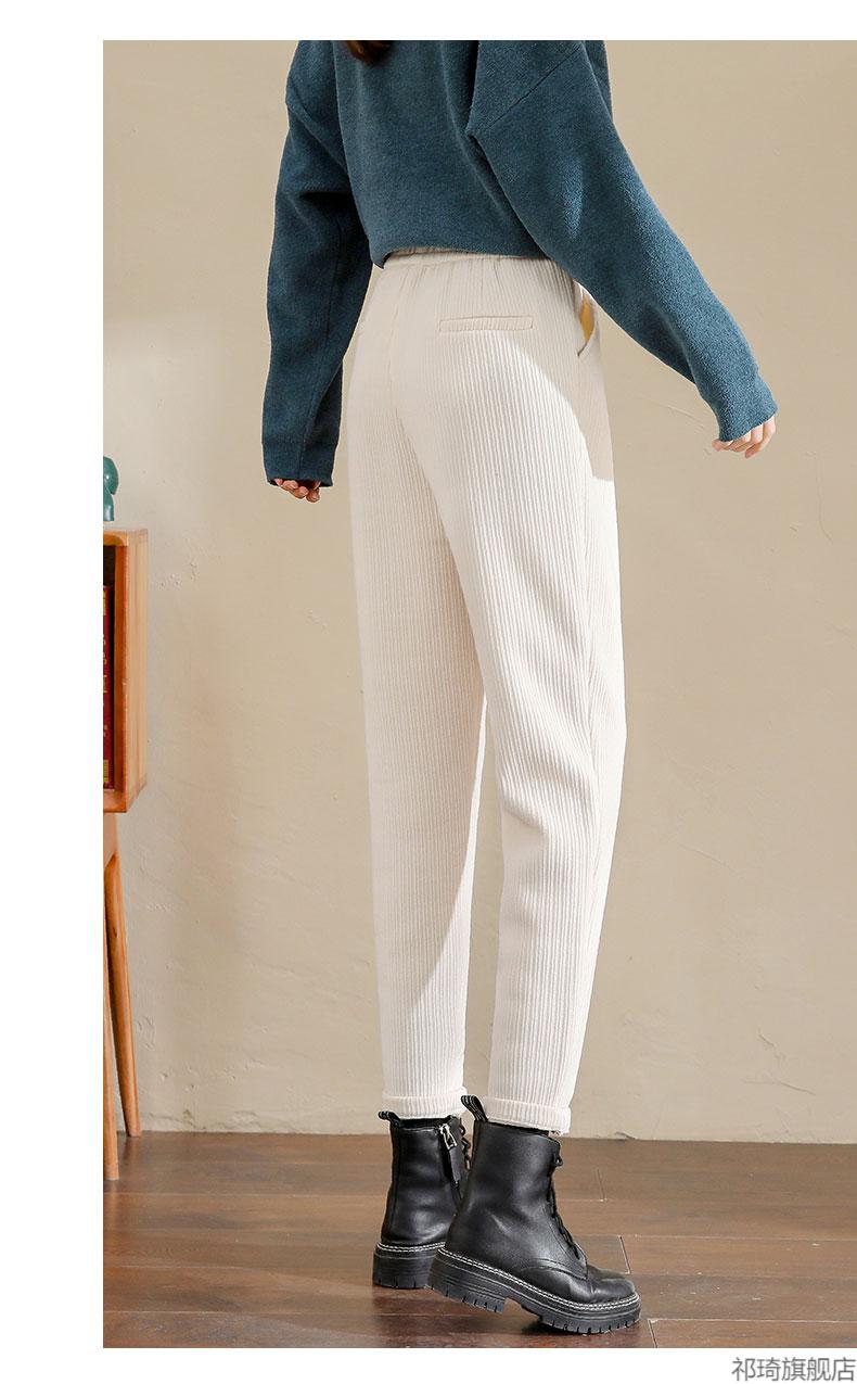 冬天穿的灯心绒裤女杏色裤子女冬2021新款加绒加厚高腰雪尼尔条绒裤