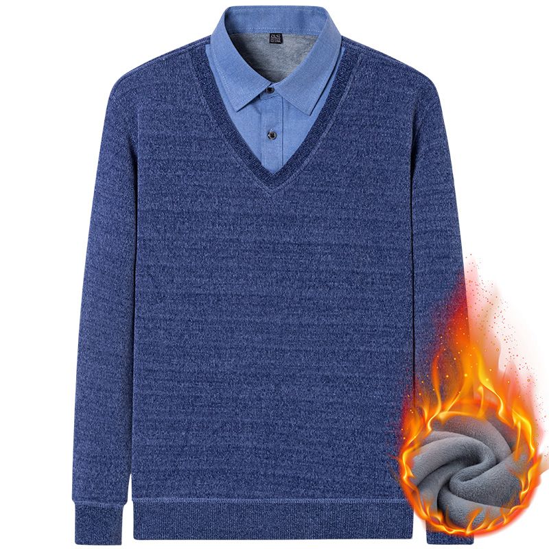 新品带领保暖内衣男冬季新款加绒加厚假两件休闲衬衫带领爸爸装防寒