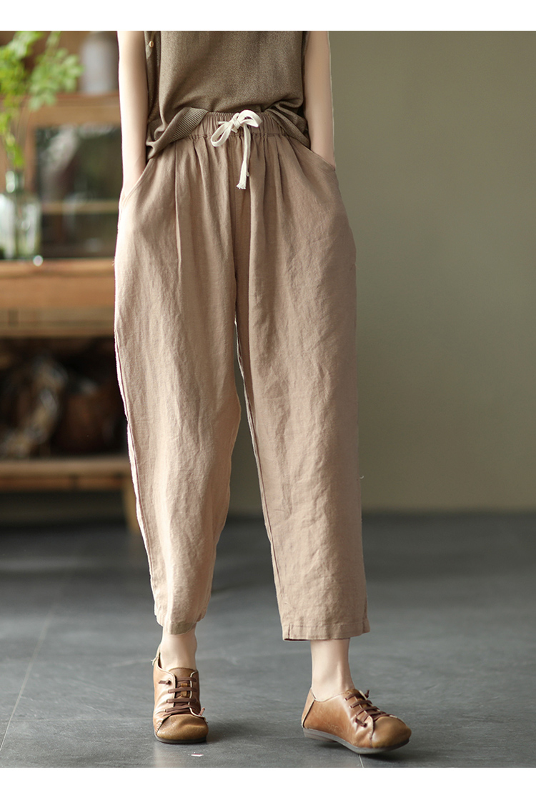 子牧棉麻2021夏装 女文艺纯色松紧腰显瘦九分休闲裤百搭小脚哈伦裤