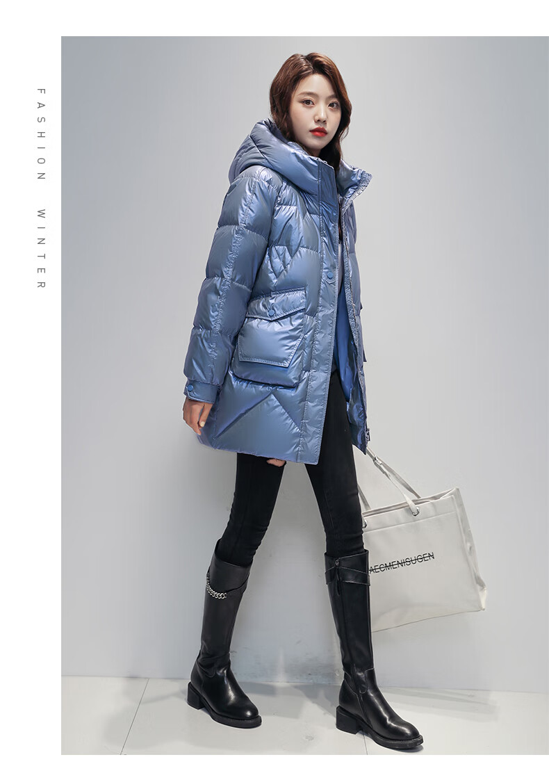 丫丫羽绒服女衣中长款加厚2022年冬韩版亮面免洗宽松保暖外套 蓝色 m