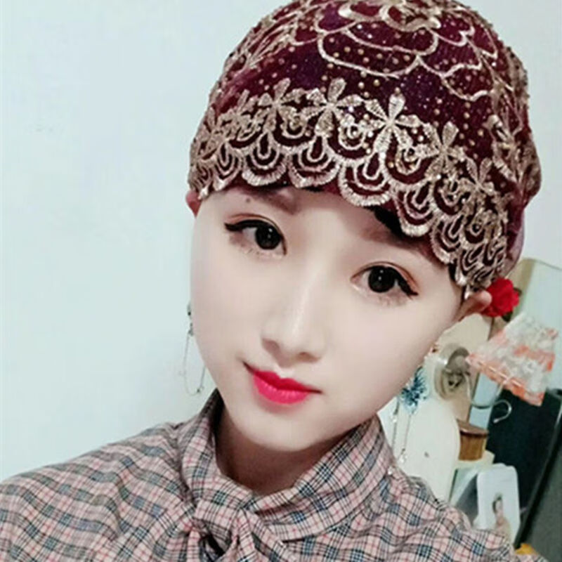 回族女人的套头纱巾春秋季回女士包头帽头巾纱巾双层烫钻不透盖头方便