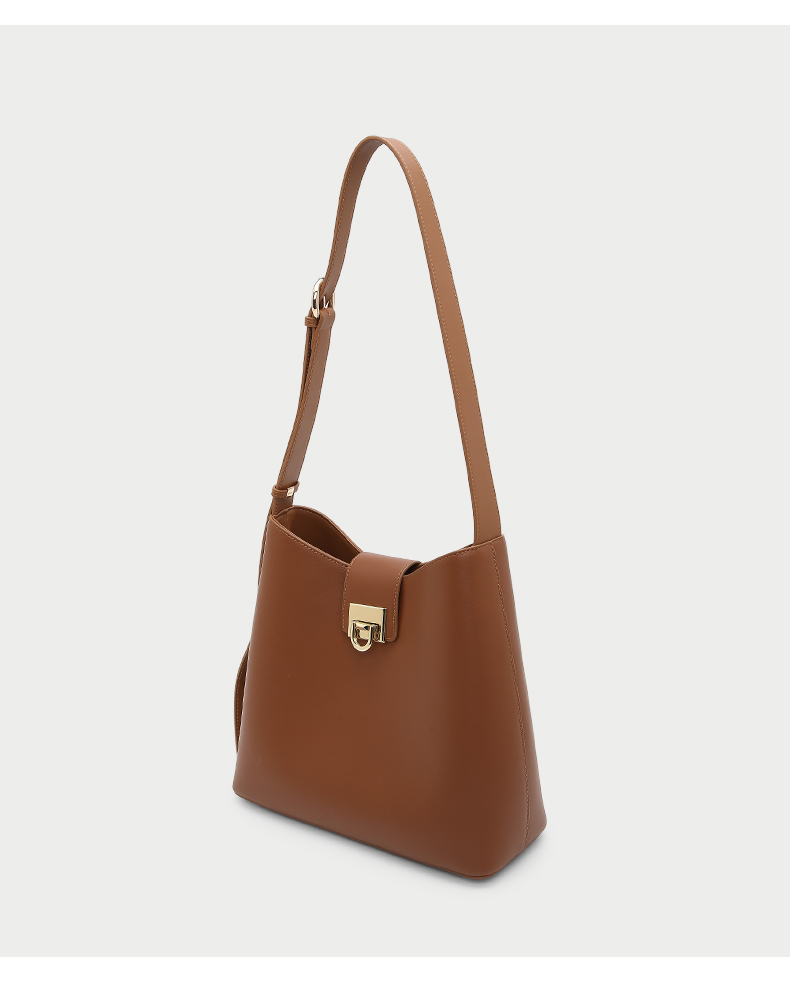 hongu红谷新款时尚潮单肩包牛皮大容量水桶包休闲包包女棕色