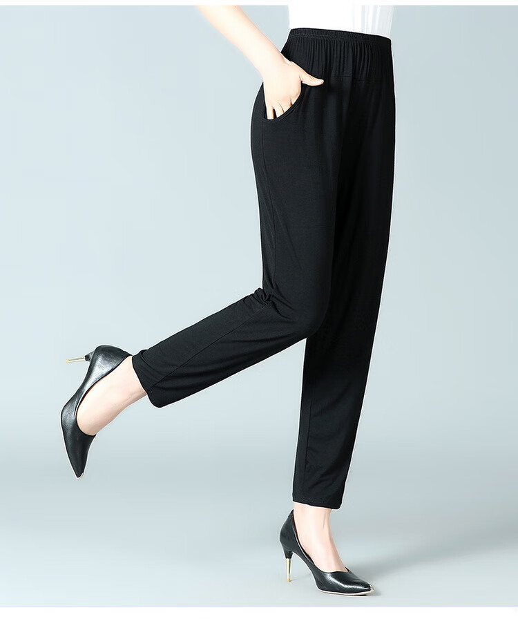 夏天穿的莫代尔女裤奶奶夏季薄款中年九分裤松紧腰黑色哈伦裤阔腿裤