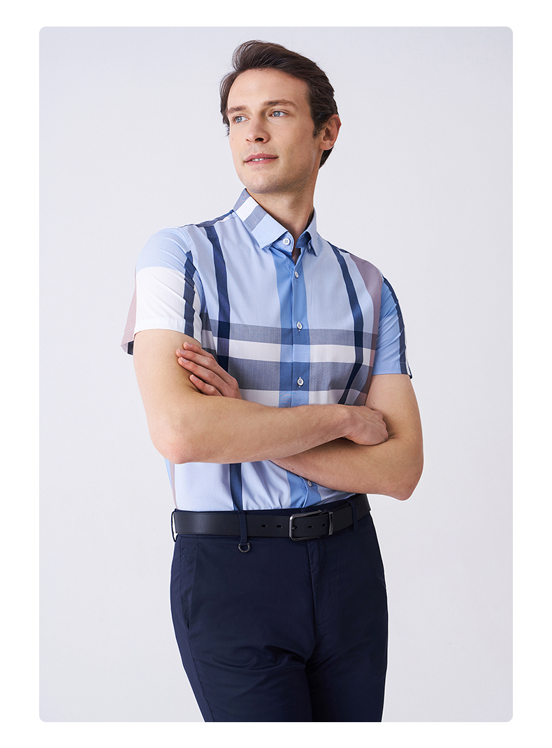 versino梵思诺男装2022新款男士短袖格子衬衫男夏季短袖休闲上衣55a