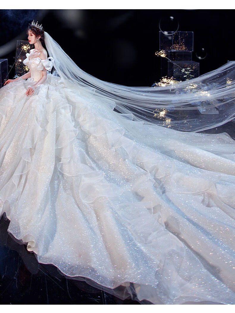 随落气质主婚纱森系2021新款小个子新娘大拖尾仙星空一字肩梦幻齐地