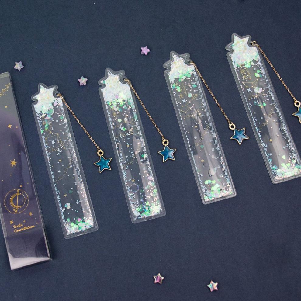 十二星座卡通创意入油流沙尺子可爱少女文具绘图刻度学生书签直尺水瓶