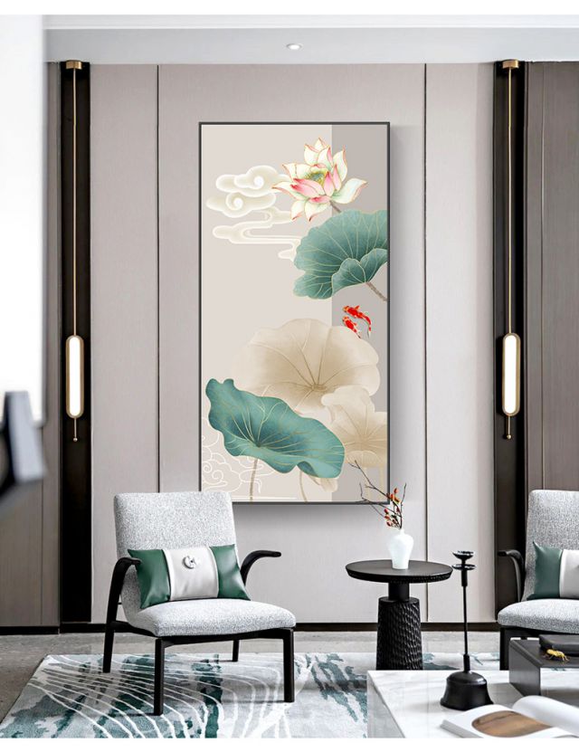 60九鱼聚财图玄关入户装饰画现代轻奢壁画新中式玄关挂画客厅竖版晶