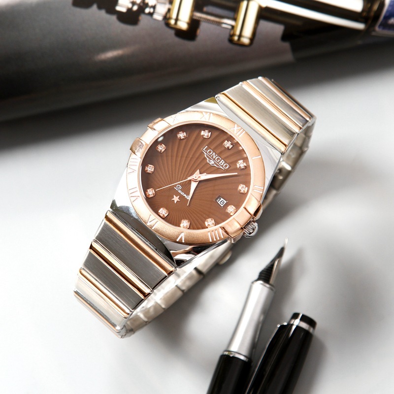 longbo龙波80731镶钻情侣石英表时尚商务风男士女士手表银壳黑面银带