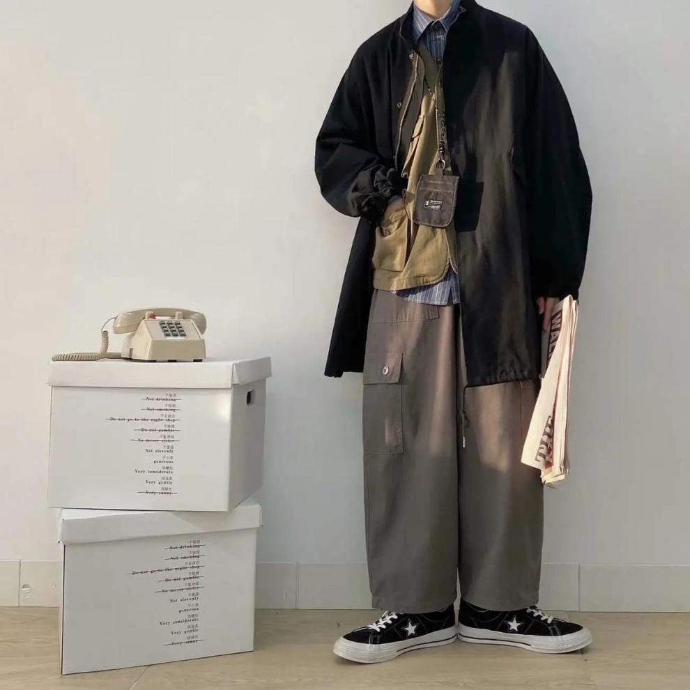 m51鱼尾风衣秋季潮牌日系复古廓形简约百搭情侣装宽松中长款外套卡其m